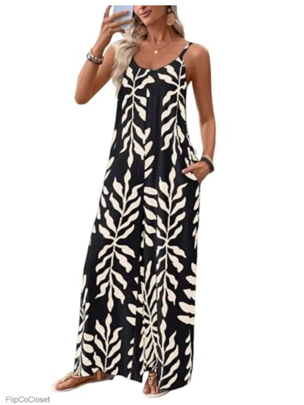 Boho Leaf Print Wide Leg Jumpsuit Overalls Sleeveless with Pockets
